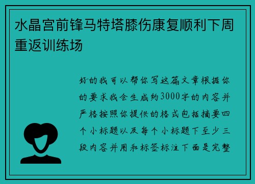 水晶宫前锋马特塔膝伤康复顺利下周重返训练场